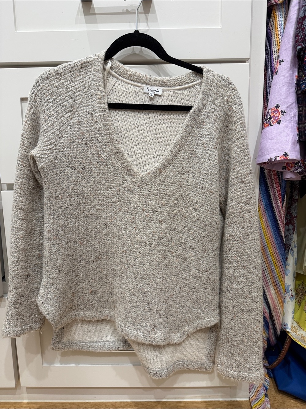 Splendid Beige V-Neck Textured Knit Sweater